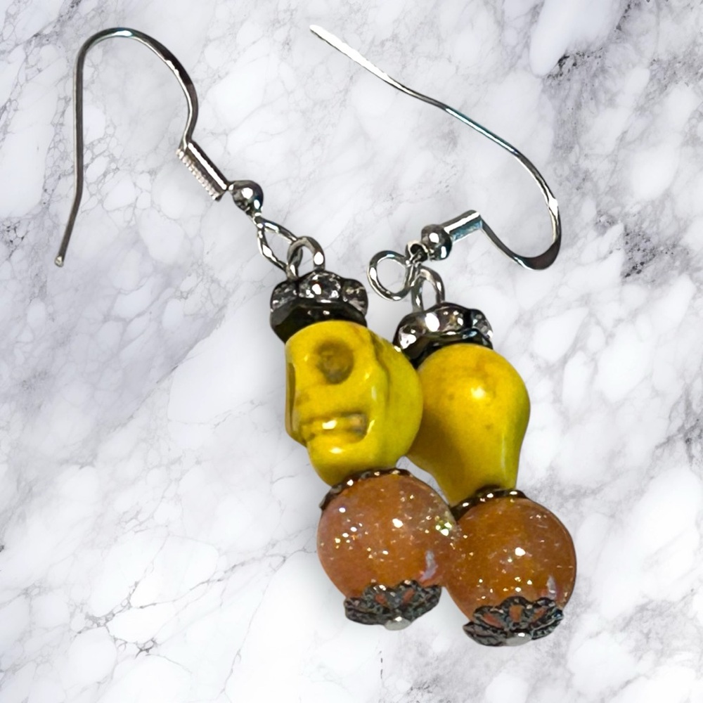 Hand Crafted Earrings Skulls Yellow Orange Rhinestones Dangle Long Pierced